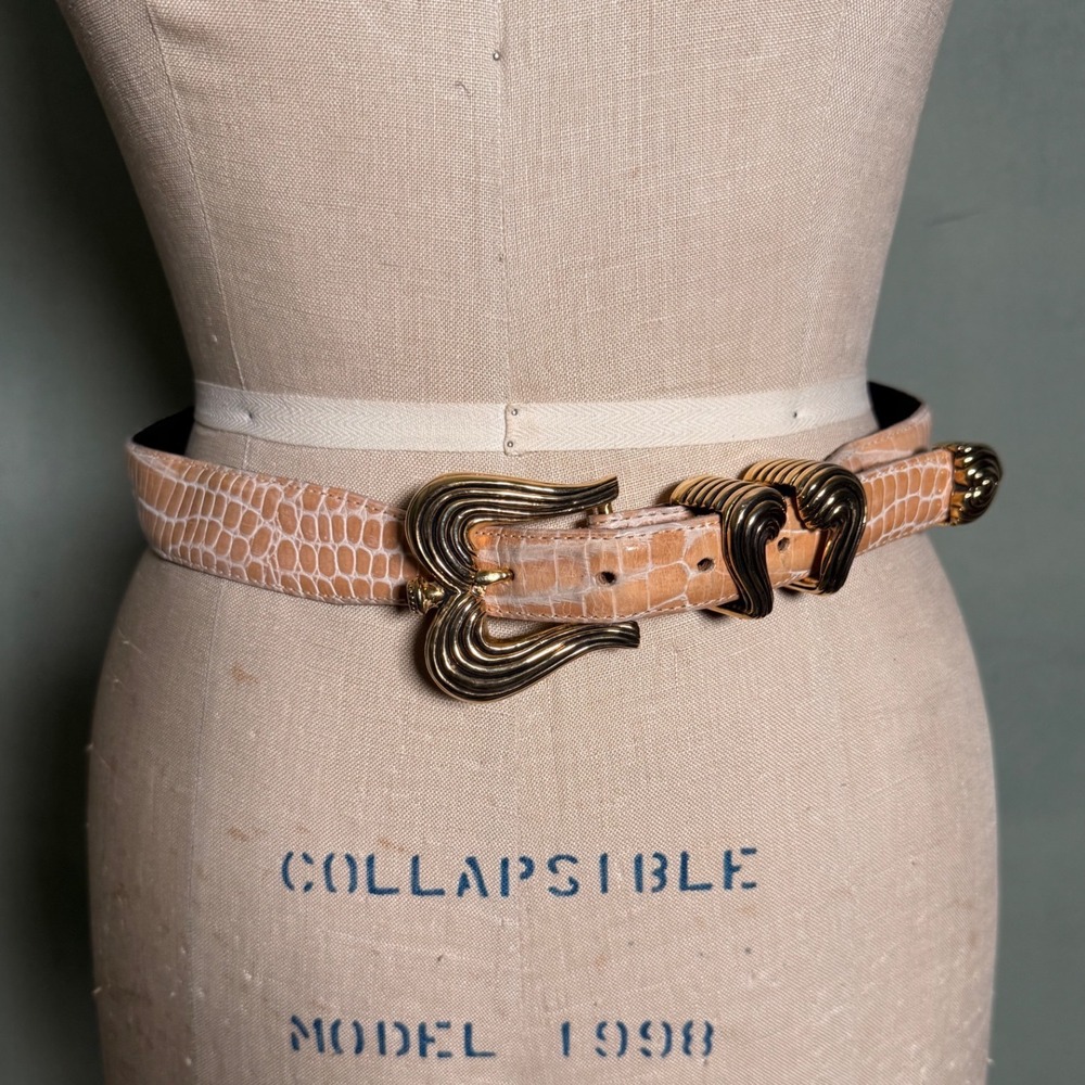 Vicenza Italian Calfskin Belt Tan Croc Embossed Gold Art Deco Buckle